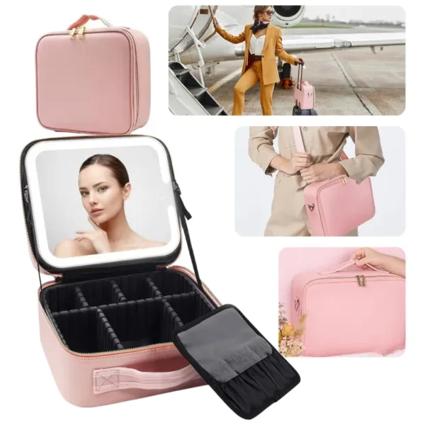 Portable LED Makeup Case Travel Bag Women's Pink Mirror