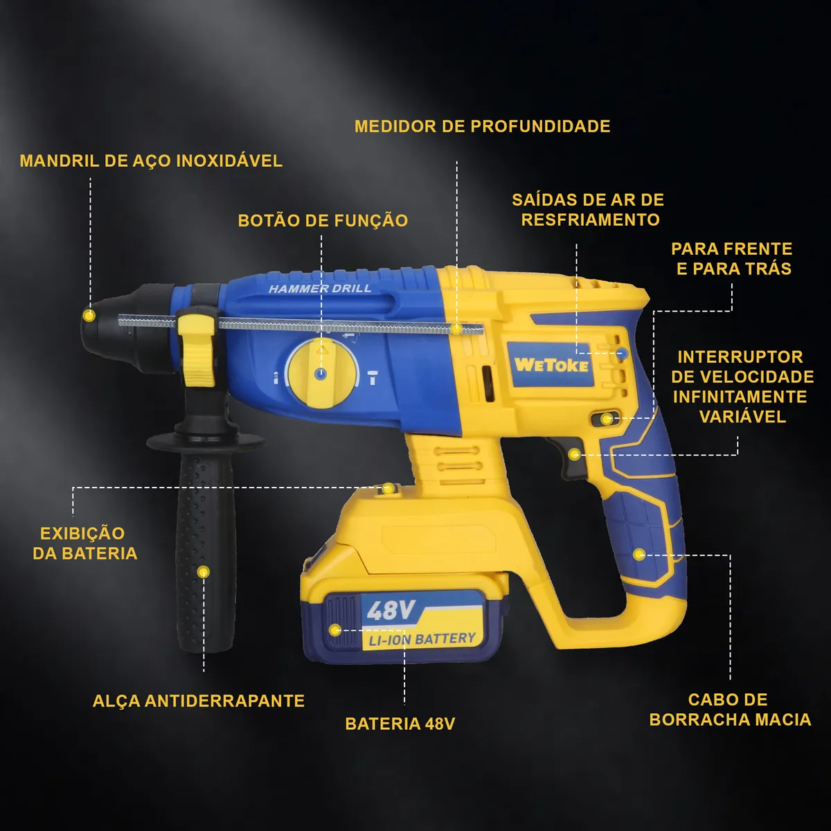 Martelete Rompedor 48v Sem Fio 2 Bivolt Baterias Maleta Amarelo 48v 50 Hz/60 Hz - Image 10
