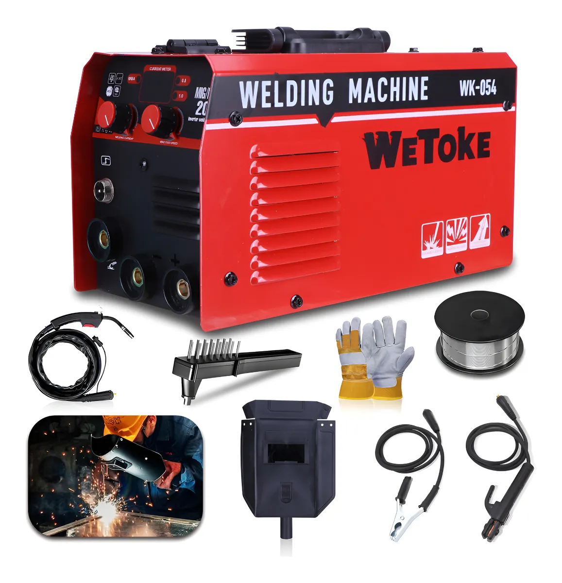 WeToke 3-in-1 MIG/MMA/TIG Inverter Welding Machine with Torch & Mask, Red, 220-240V