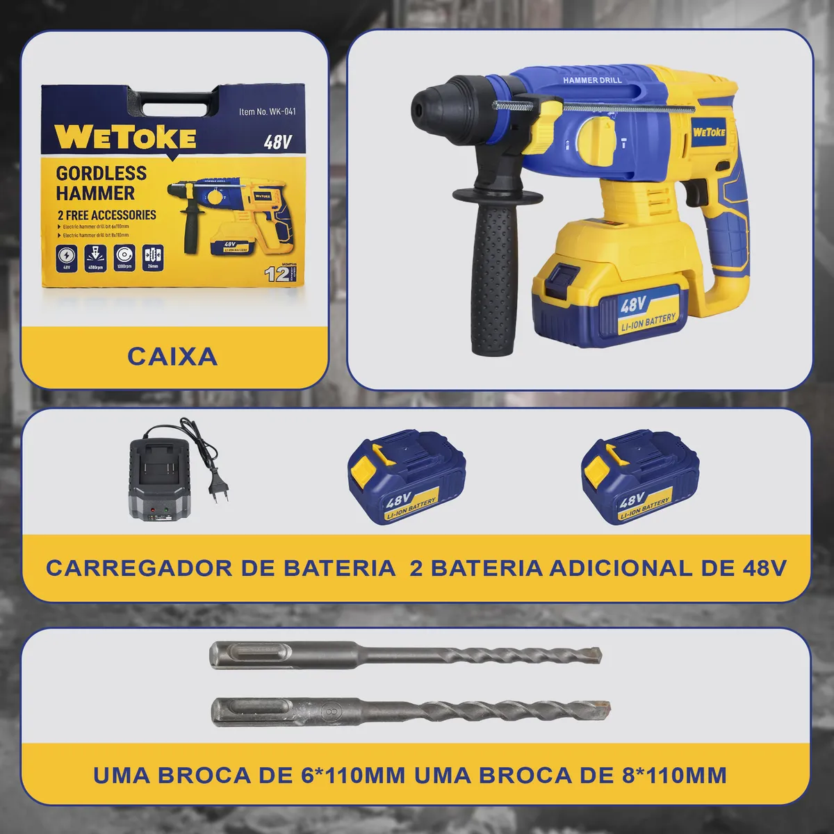 Martelete Rompedor 48v Sem Fio 2 Bivolt Baterias Maleta Amarelo 48v 50 Hz/60 Hz - Image 9