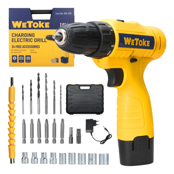 WeToke 18V Cordless Drill/Driver with 2 Batteries, 25-Piece Kit, Dual Voltage, Yellow, 127/220V 50Hz/60Hz