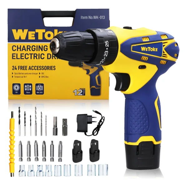 WeToke 18V 35 N.m Cordless Drill/Driver Kit with 2 Batteries & 24 Accessories, Yellow, 18V 50Hz/60Hz