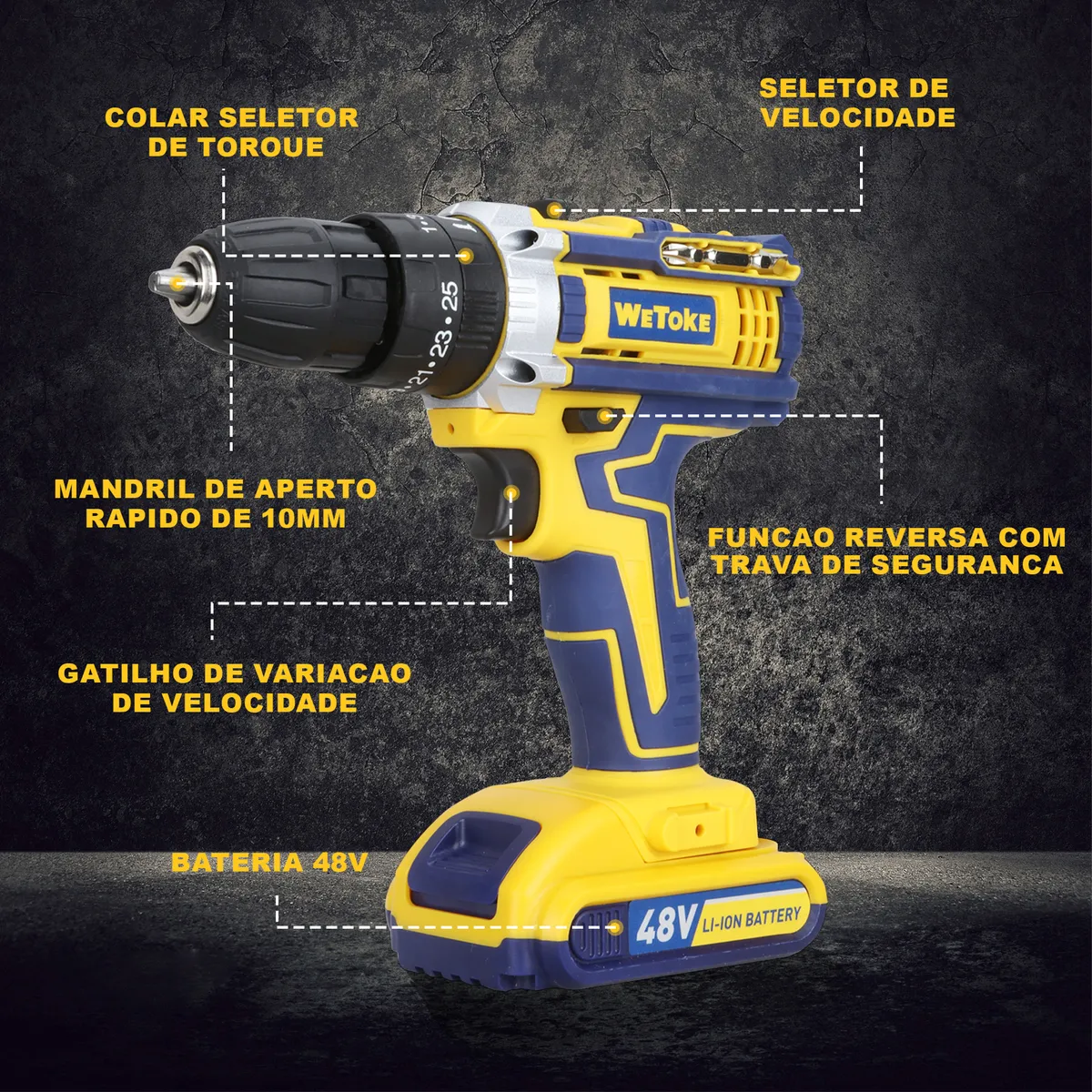 Furadeira/parafusadeira Impacto 48v Sem Fio Maleta 2 Bateria Amarelo 127/220v 50 Hz/60 Hz - Image 8