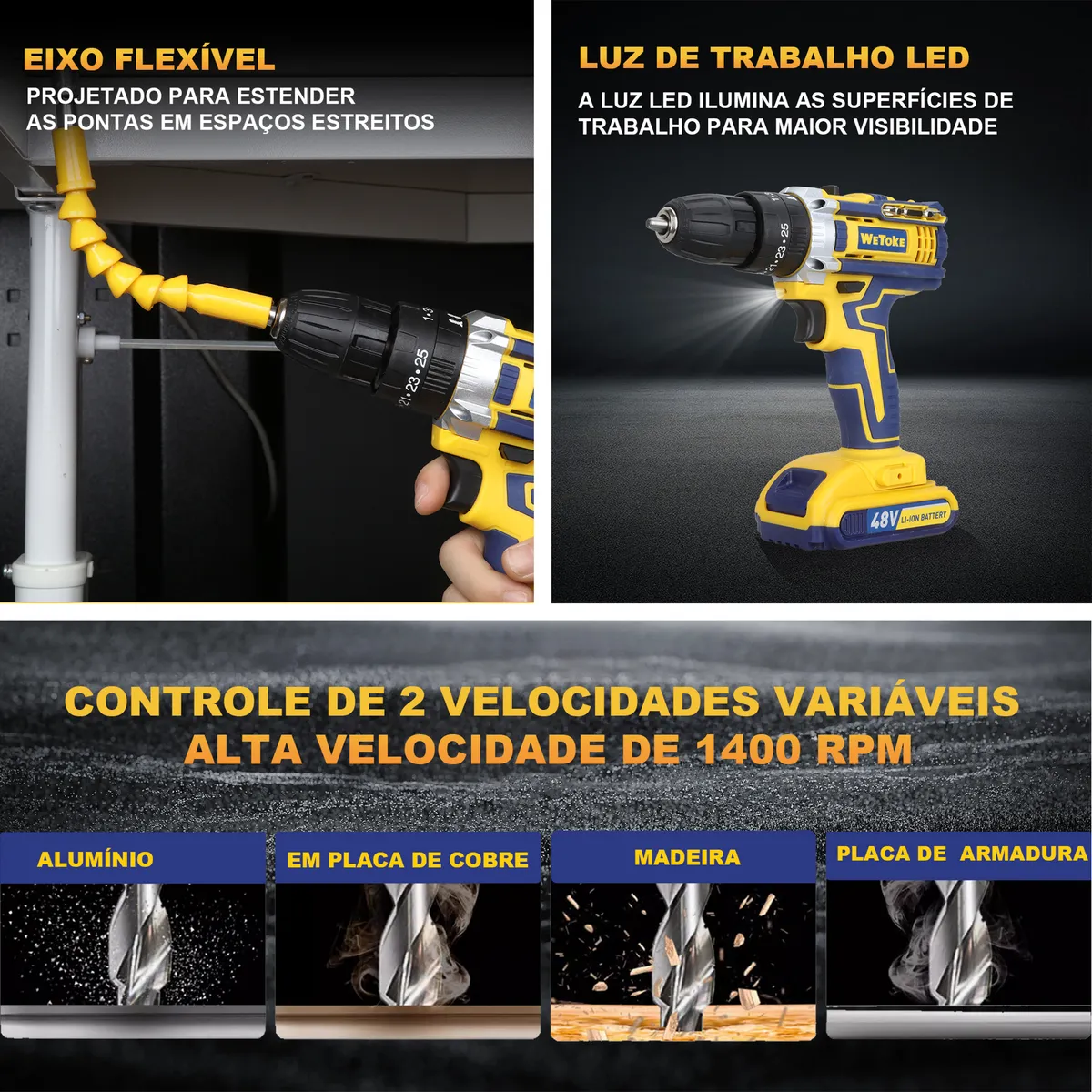 Furadeira/parafusadeira Impacto 48v Sem Fio Maleta 2 Bateria Amarelo 127/220v 50 Hz/60 Hz - Image 4