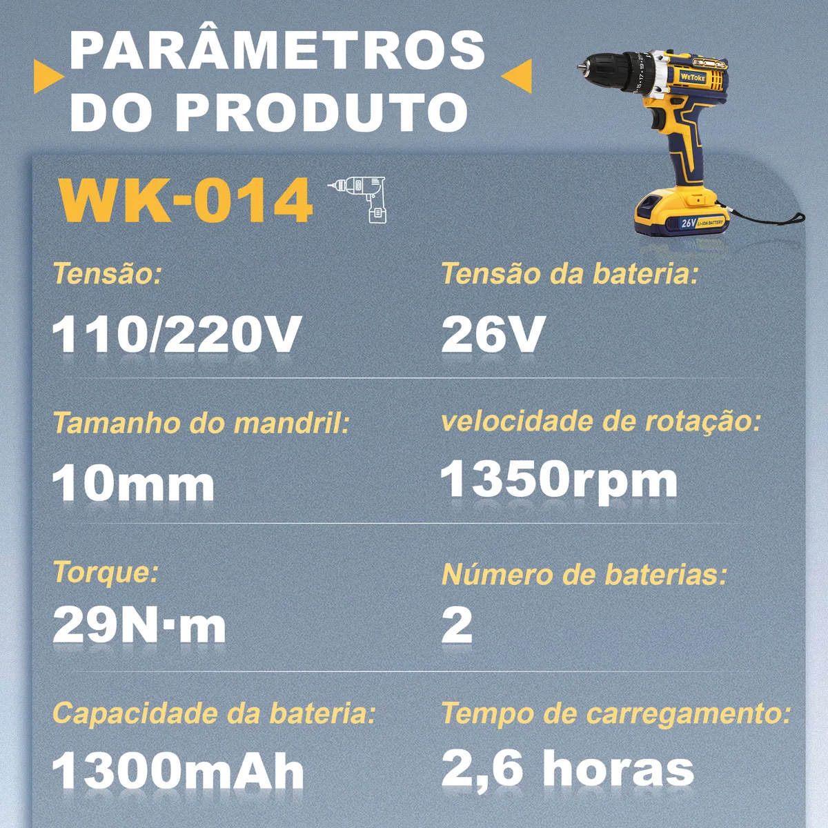 Furadeira Parafusadeira Wetoke 26v 35nm Maleta E 25 Peças Amarelo 220v 50 Hz/60 Hz - Image 2