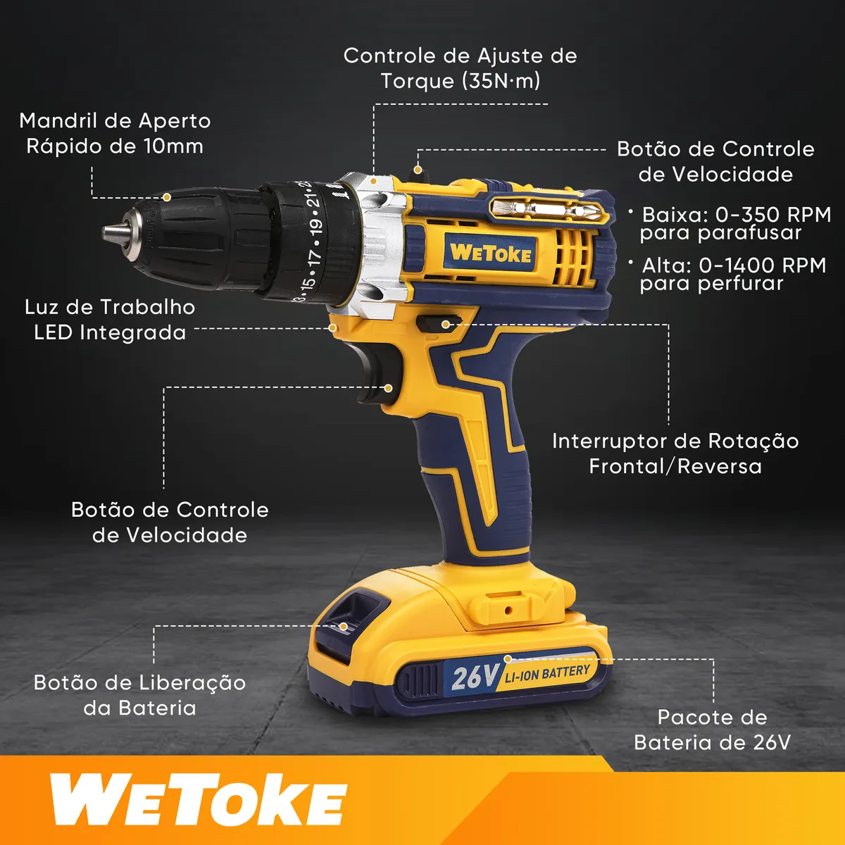Furadeira Parafusadeira Wetoke 26v 35nm Maleta E 25 Peças Amarelo 220v 50 Hz/60 Hz - Image 8
