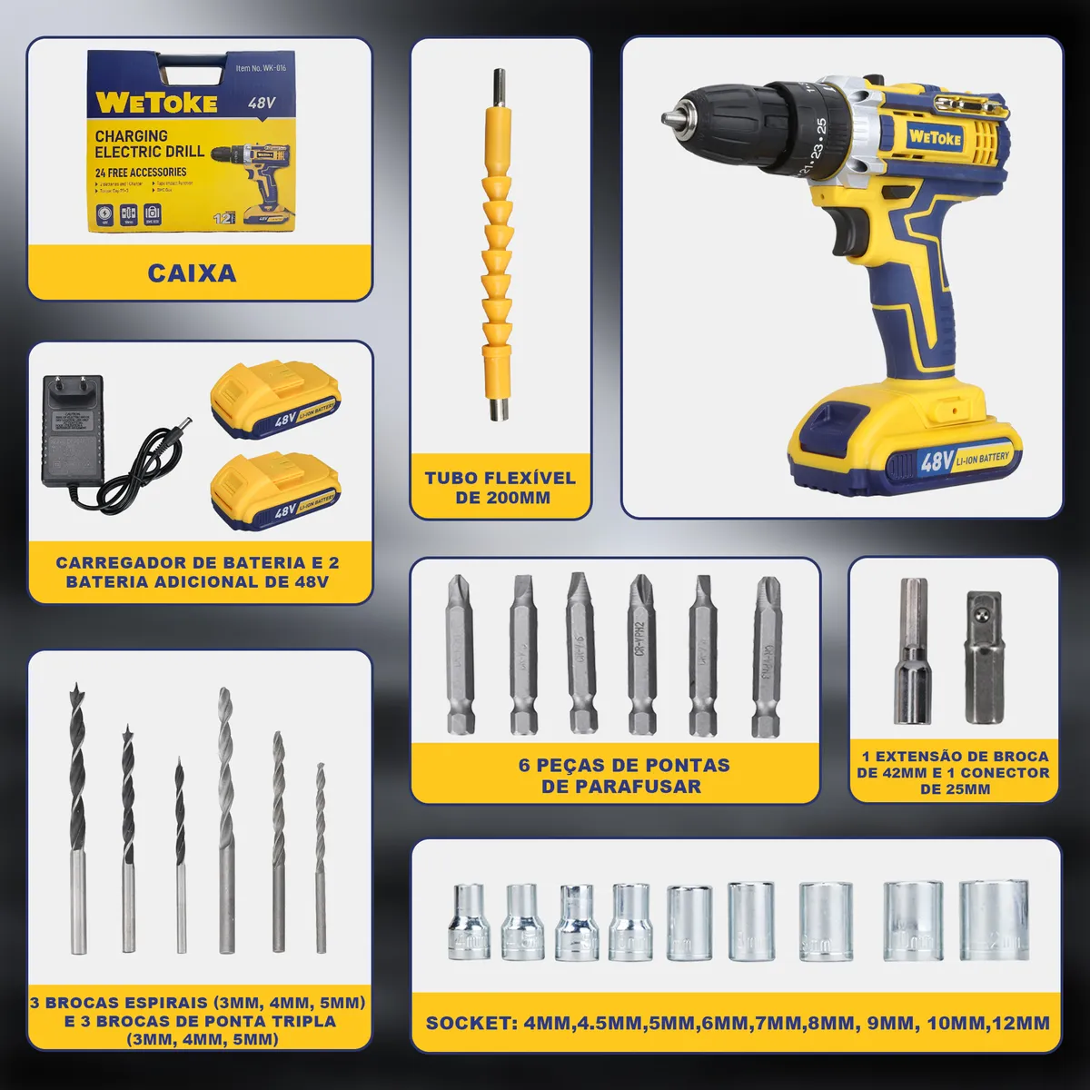 Furadeira/parafusadeira Impacto 48v Sem Fio Maleta 2 Bateria Amarelo 127/220v 50 Hz/60 Hz - Image 9