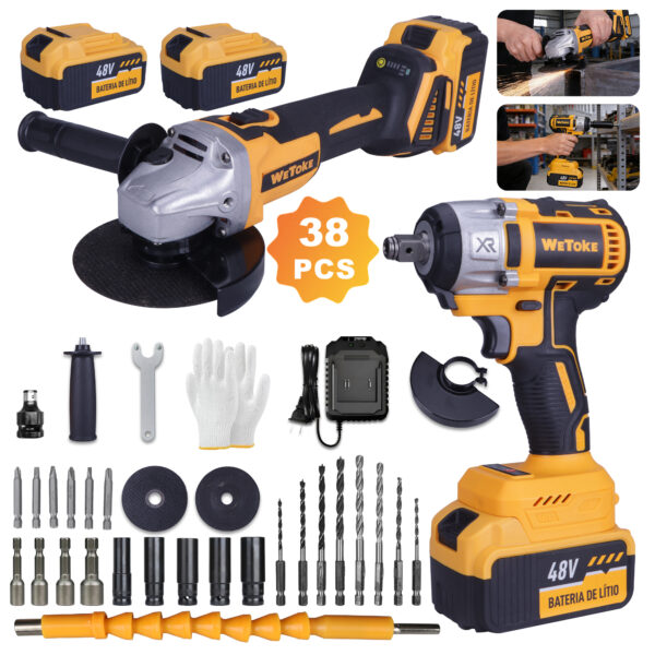 WeToke 21V Brushless Angle Grinder and Impact Wrench Professional Cordless Kit, 2 Batteries, Portable Electric for Home Repairs, Construction & Industrial Use