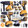 WeToke 4-in-1 21V Cordless Power Tool Kit: Drill, Angle Grinder, Hammer Drill, Impact Wrench, 4 Batteries, 25 Accessories, Case & Gloves