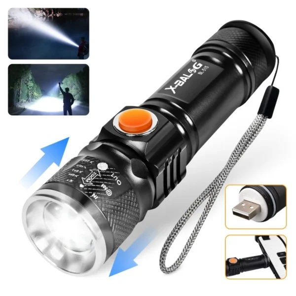USB Rechargeable Zoom Powerful Flashlight T6 LED 3000 Lumens Portable Professional