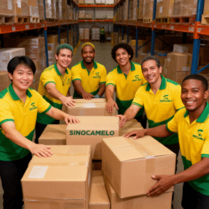 jimeng-2026-01-07-2484-你能生成一张仓库人工在搬货图片吗？员工们看着镜头微笑，热情地提供帮助，穿着带有我...