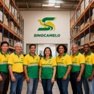 jimeng-2026-01-07-6600-你能生成一张仓库办公室的图片吗？员工们看着镜头微笑，热情地提供帮助，穿着带有我们...