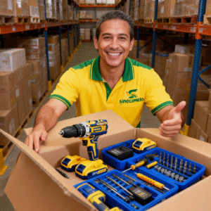 jimeng-2026-01-08-6190-你能生成一张仓库一个人工在打包那个电锯图片吗？员工们看着镜头微笑，热情地提供帮助...